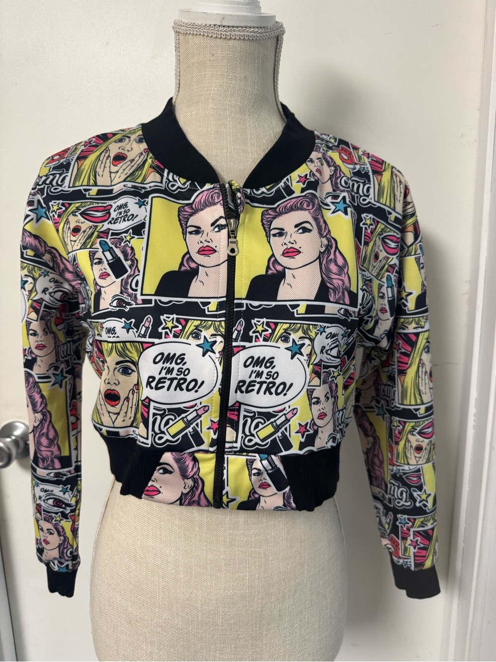 SHEIN Yellow Multicolor Pop Art Cropped Bomber Jacket